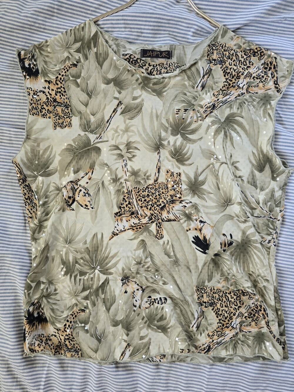 Y2K Jaipur Sleeveless Green Jungle Print Jaguar/Leopard Womens Top Tank Shirt M
